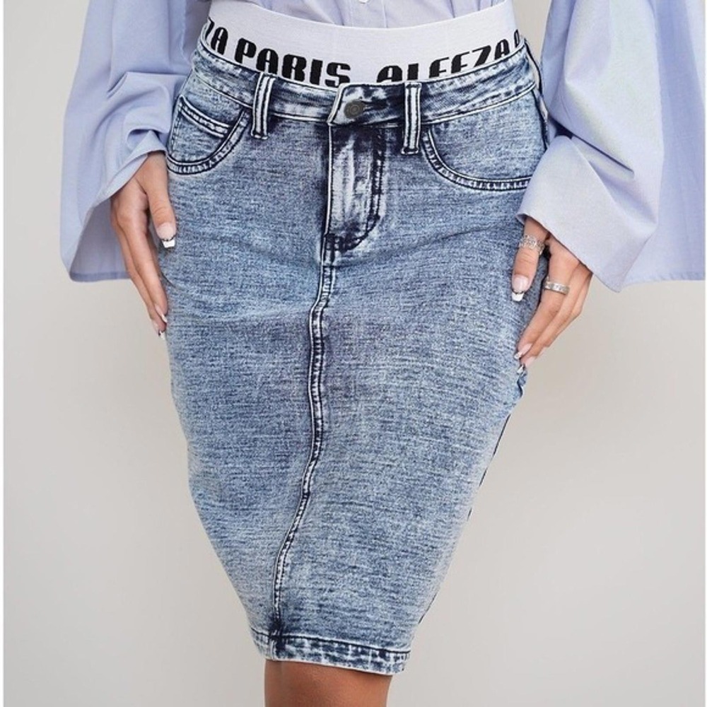 ALEEZA PARIS Denim‎ Straight Skirt XS Blue Jean Midi High Waist Elastic Band NWT